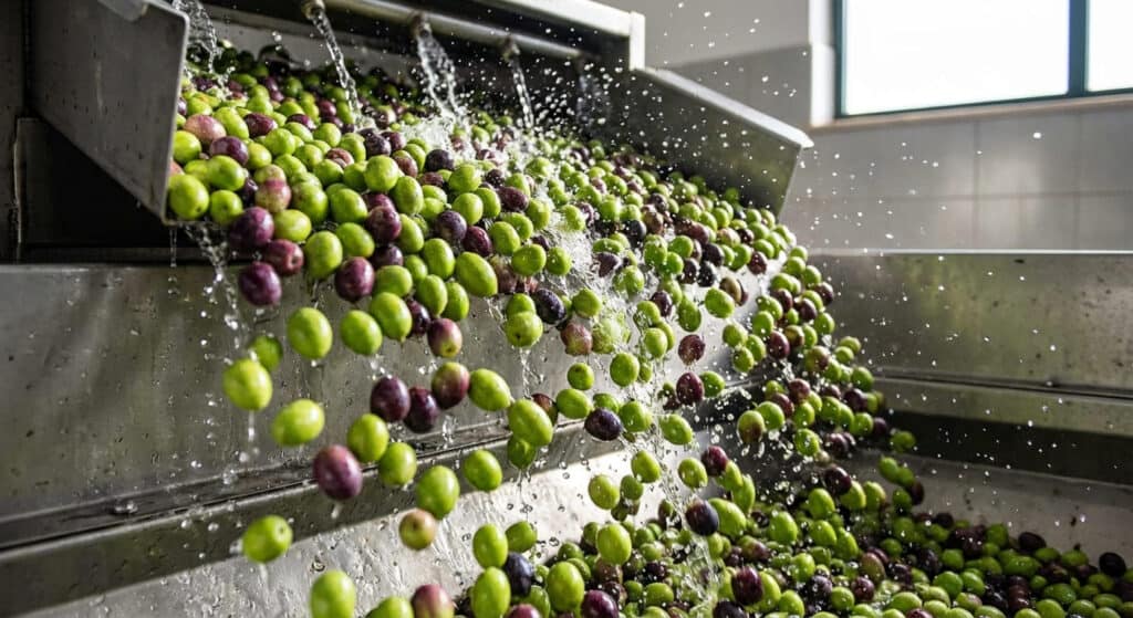 Dettaglio di olive fresche varietà Coratina durante il lavaggio nel frantoio prima della molitura a freddo.