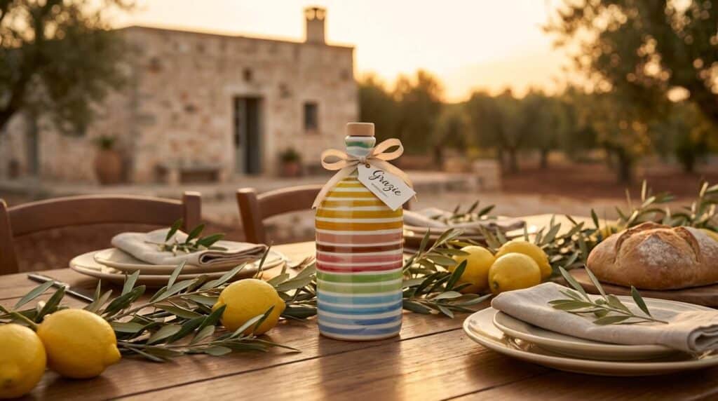 Allestimento tavola per matrimonio in una masseria pugliese al tramonto, con un orcio in ceramica arcobaleno di Frantoio Muraglia come bomboniera segnaposto