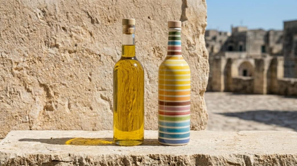 Confronto tra conservazione olio al buio in ceramica e danni della luce solare sull'olio