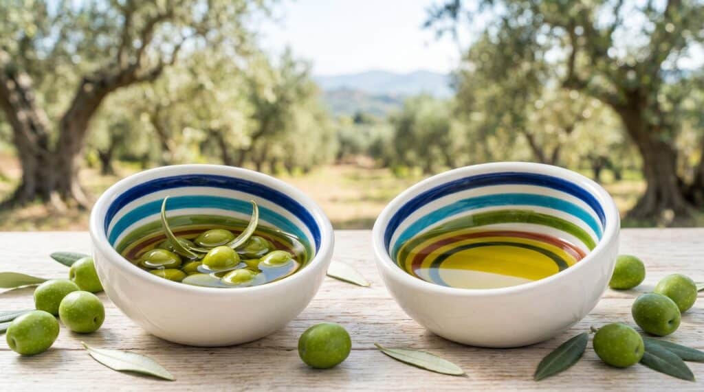 Ciotoline per degustazione olio extravergine con olive fresche e foglie di ulivo.