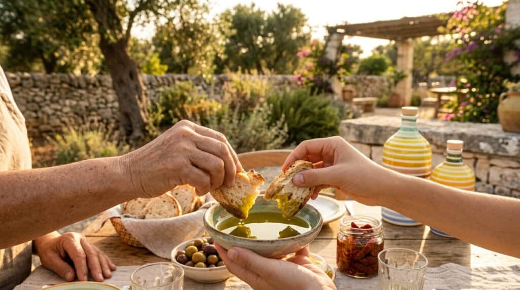 Mani che intingono pane fresco in olio extravergine di qualità durante un pranzo in famiglia