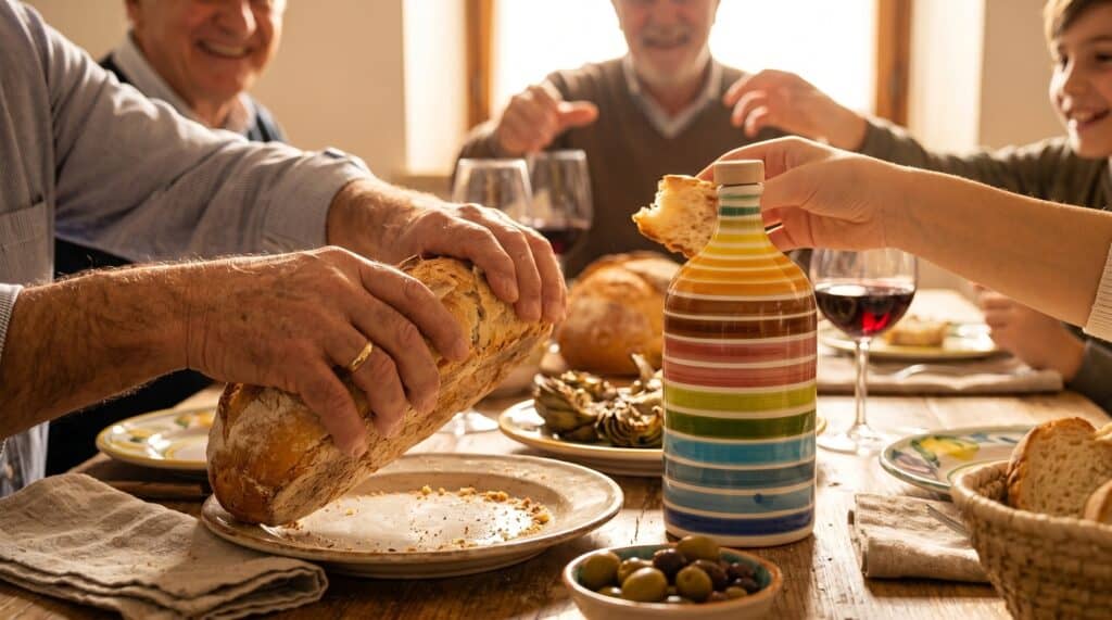 Momento di convivialità a tavola con pane fresco e olio extravergine di puglia