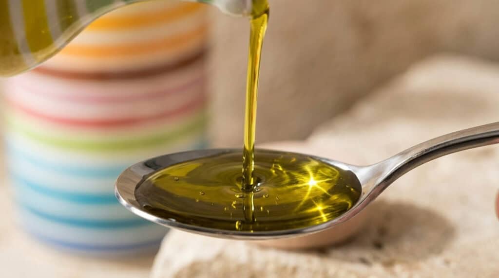 Dettaglio di olio extravergine di oliva Muraglia dal colore verde oro intenso versato in un cucchiaio