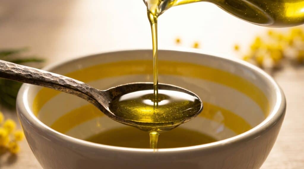 Dettaglio di olio extravergine di oliva versato su un cucchiaio, colore verde oro intenso