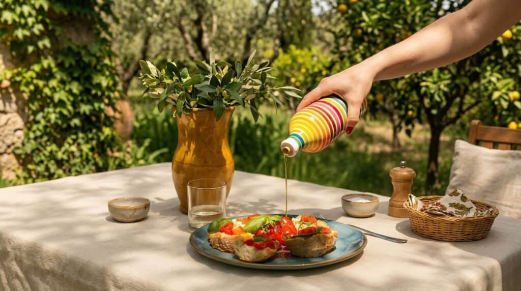 Orcio in ceramica Frantoio Muraglia su tavola con pane e ingredienti freschi pugliesi