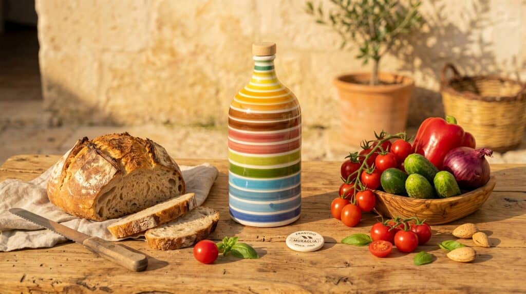 Tavola apparecchiata con prodotti tipici pugliesi e orcio in ceramica Frantoio Muraglia